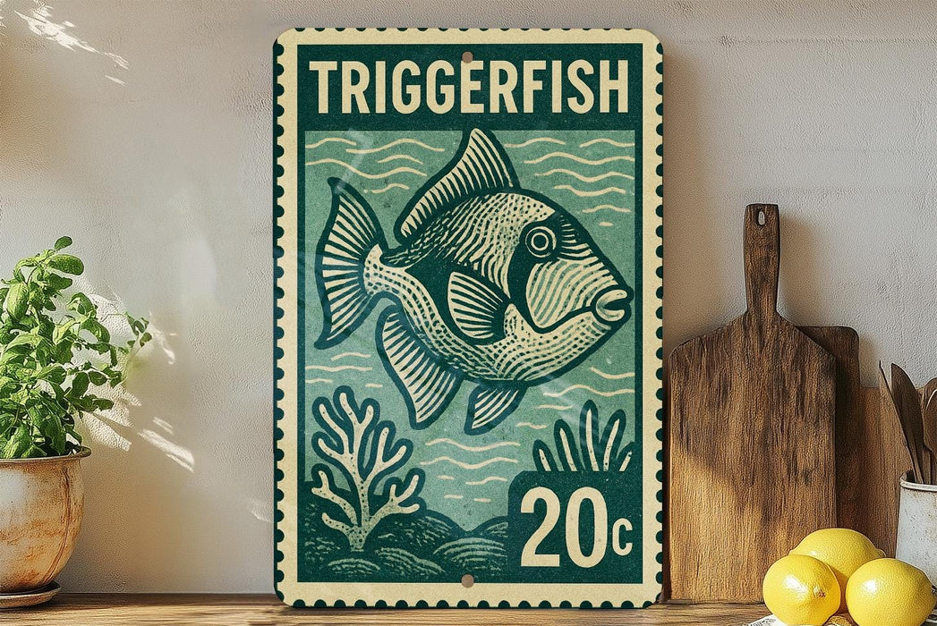 A framed poster of a fish, likely a triggerfish, is displayed on a shelf next to a wooden cutting board and some lemons.