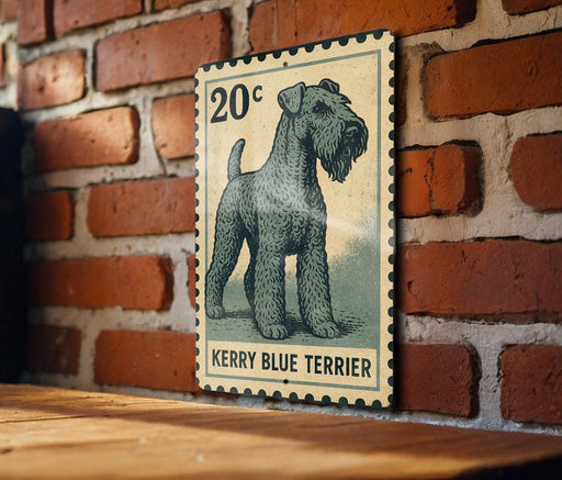 A vintage-style 20c postage stamp featuring a blue terrier dog is displayed on a brick wall.