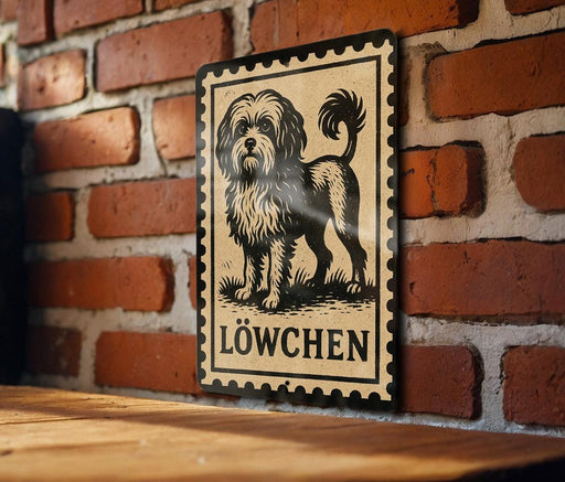 A metal sign with a black and white illustration of a dog, mounted on a brick wall.