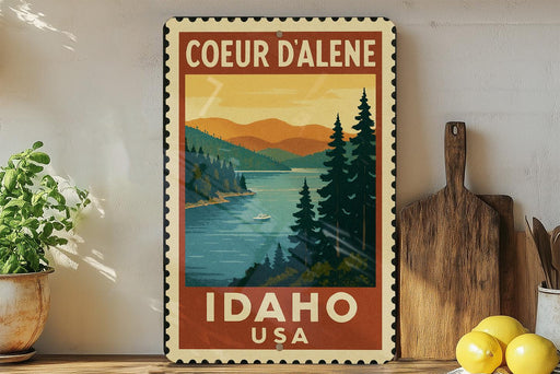 A vintage-style metal sign with a scenic illustration of a lake and mountains, along with the text "COEUR D'ALENE IDAHO USA".