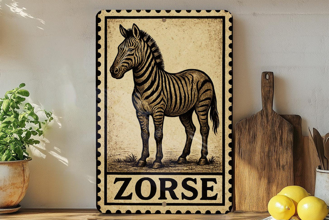 a decorative metal sign with a zebra illustration, placed on a wooden surface next to a potted plant and some kitchen utensils.