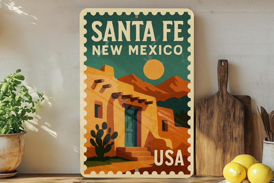 A vintage-style poster of Santa Fe, New Mexico, featuring a desert landscape with a cactus and a wooden building, is displayed on a wall next to a wooden cutting board and a potted plant.