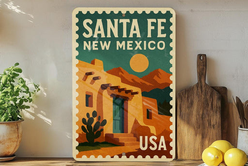 A vintage-style poster of Santa Fe, New Mexico, featuring a desert landscape with a cactus and a wooden building, is displayed on a wall next to a wooden cutting board and a potted plant.