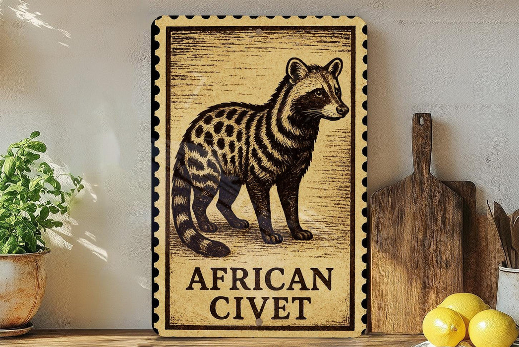 a wooden sign with an illustration of an African civet, surrounded by various kitchen utensils and a potted plant.