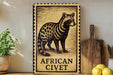 a wooden sign with an illustration of an African civet, surrounded by various kitchen utensils and a potted plant.