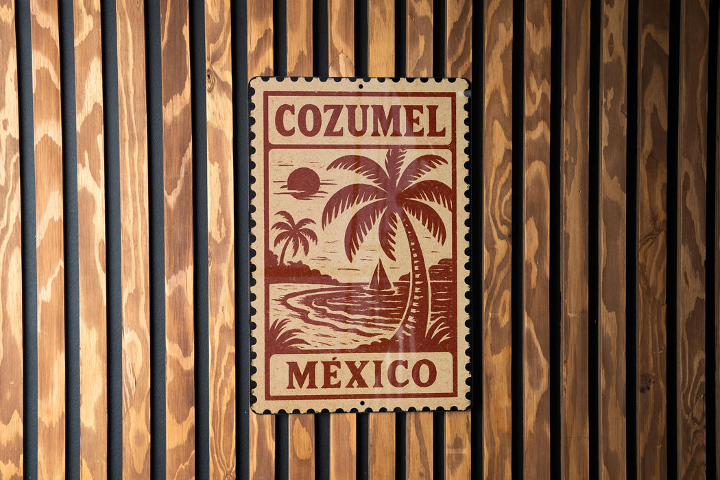 A sign with the text "COZUMEL MEXICO" is displayed on a wooden wall.