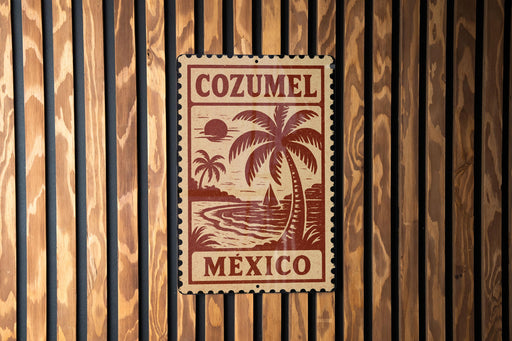 A sign with the text "COZUMEL MEXICO" is displayed on a wooden wall.