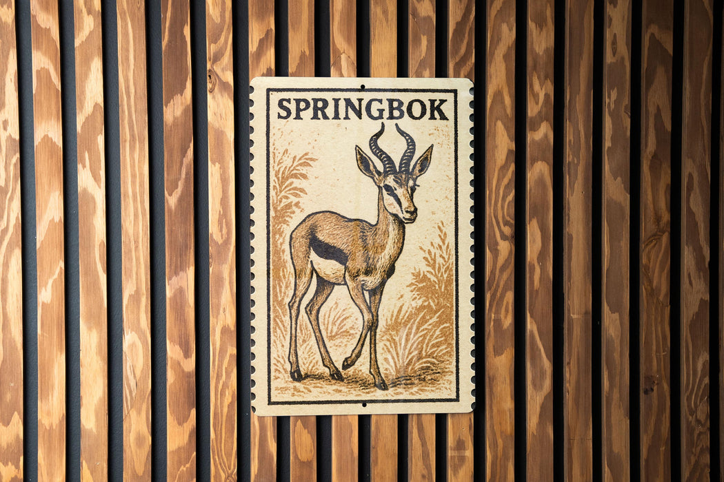 A poster of a gazelle or antelope, with the text "SPRINGBOK" printed on it, is displayed on a wooden wall.
