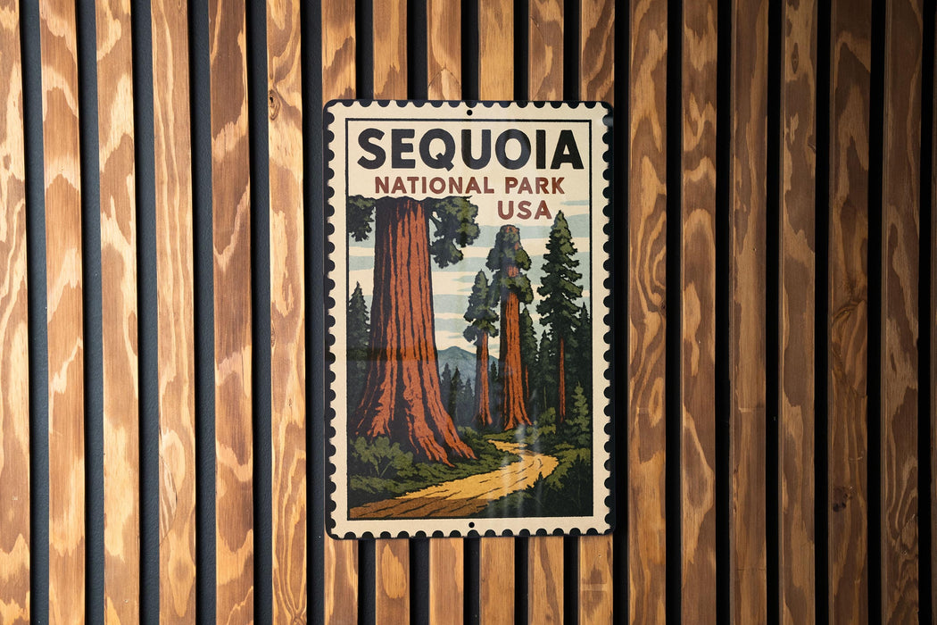 A vintage-style postage stamp featuring a scenic image of sequoia trees in Sequoia National Park, USA.