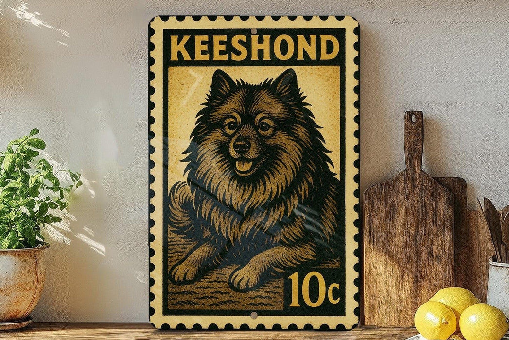A framed poster of a Pomeranian dog, with the text "Keeshond" and a price of 10 cents, is displayed on a shelf next to a wooden cutting board and some lemons.