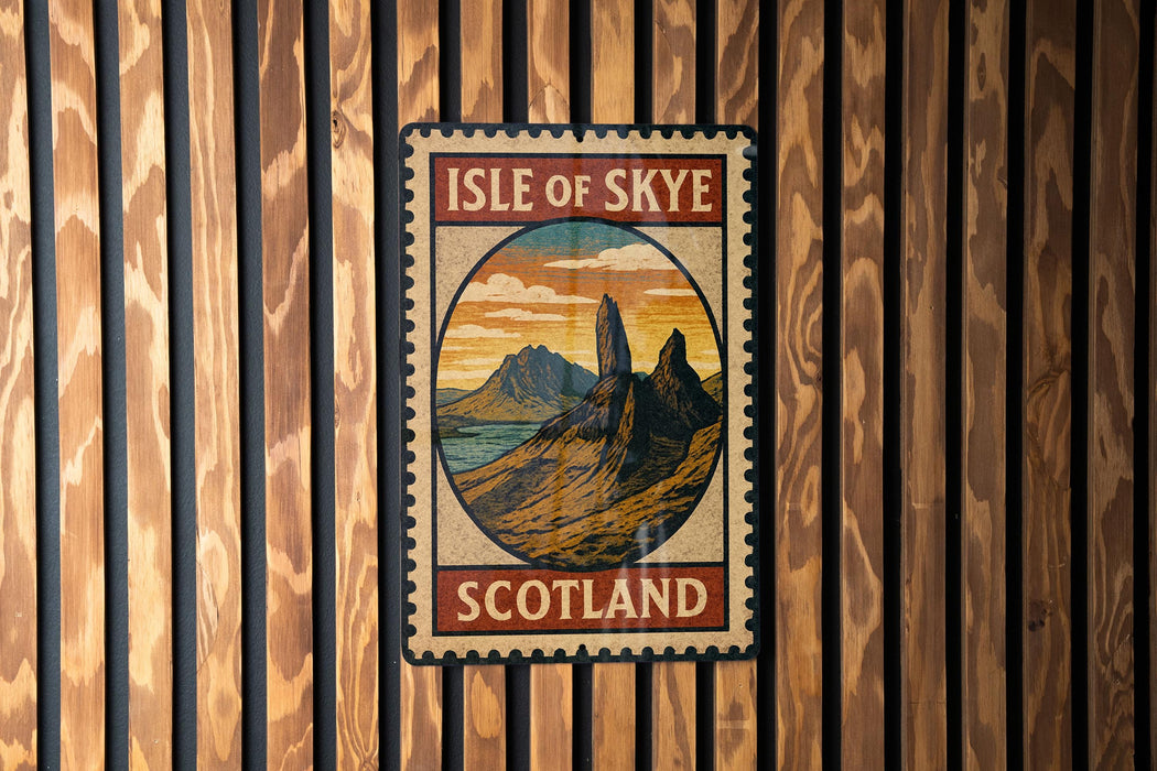 A vintage-style postage stamp depicting the Isle of Skye, Scotland, with mountains and a sunset in the background.