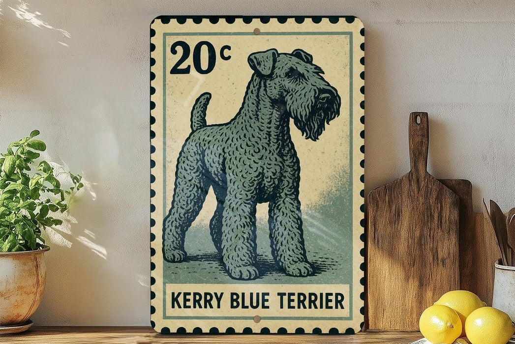 A vintage-style metal sign featuring a detailed illustration of a Kerry Blue Terrier dog, with the text "Kerry Blue Terrier" below the image.
