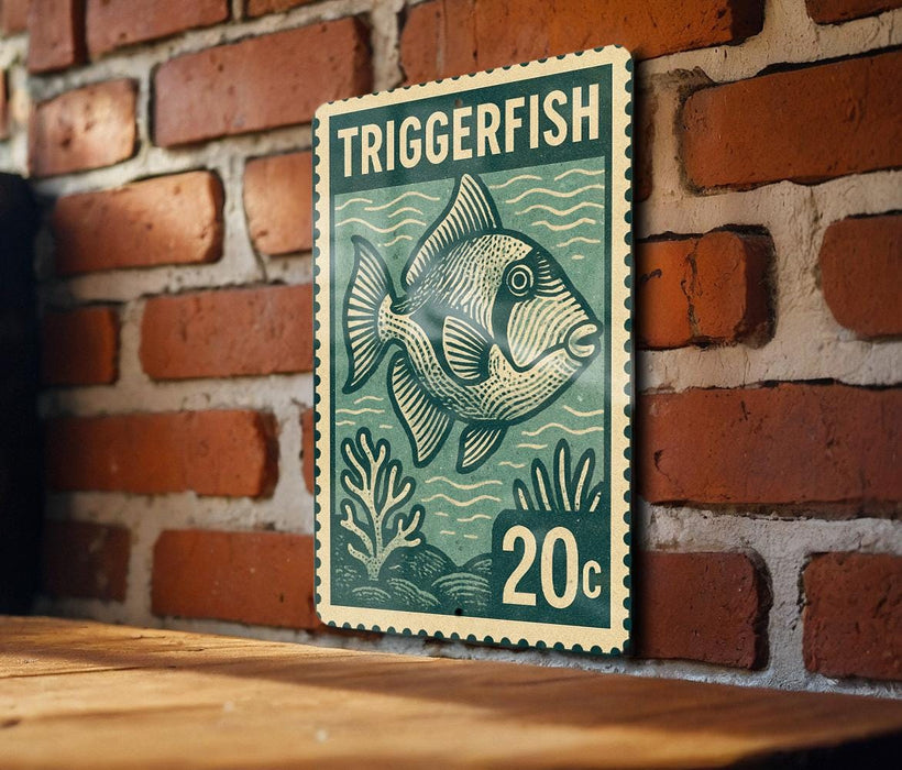A green and white postage stamp featuring a fish illustration is displayed on a wooden surface against a brick wall.