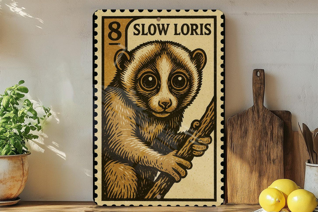 A metal sign featuring a cartoon image of a slow loris, a type of primate, is displayed on a shelf next to a wooden cutting board and some lemons.