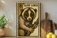 A metal sign featuring a cartoon image of a slow loris, a type of primate, is displayed on a shelf next to a wooden cutting board and some lemons.
