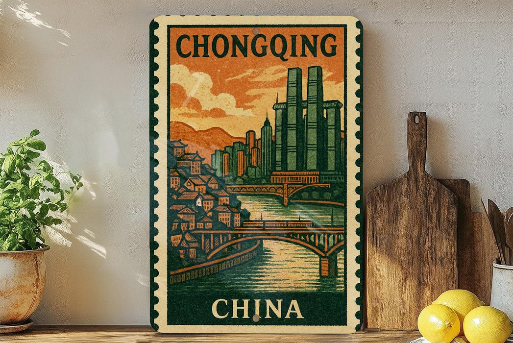 A framed vintage postage stamp depicting a cityscape with a bridge, surrounded by potted plants and kitchen utensils.