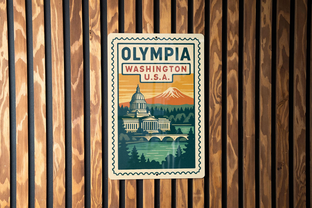 A vintage-style poster of the Washington State Capitol in Olympia, Washington, U.S.A.