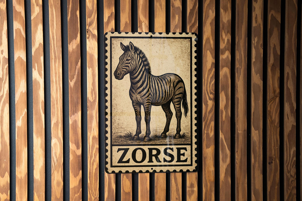 A metal sign with a zebra illustration is mounted on a wooden wall.