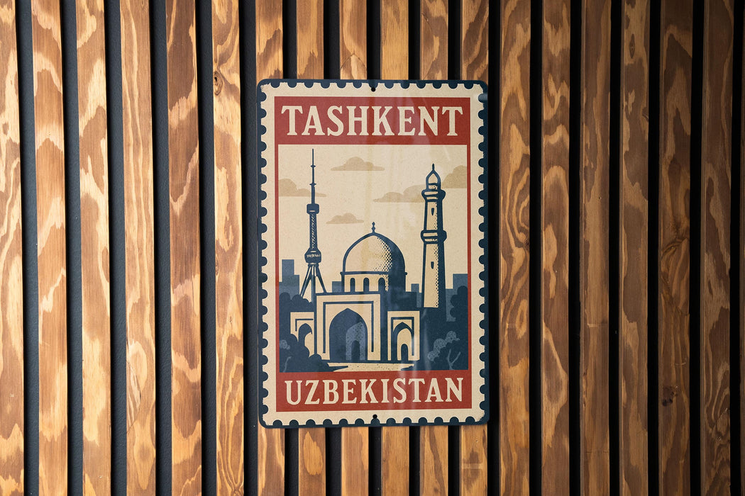 A vintage-style postage stamp from Tashkent, Uzbekistan, featuring a mosque and other architectural elements.