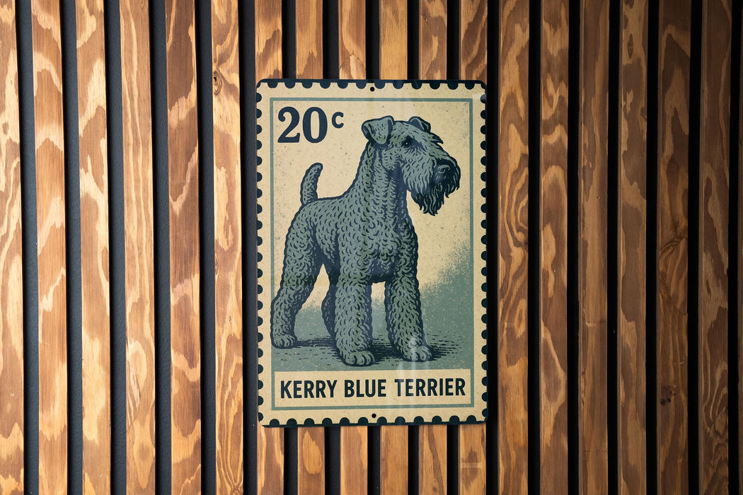 A 20 cent postage stamp featuring a picture of a Kerry Blue Terrier dog.