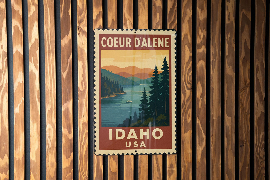 A vintage-style postage stamp from Idaho, USA, featuring a scenic landscape with pine trees, a lake, and mountains.