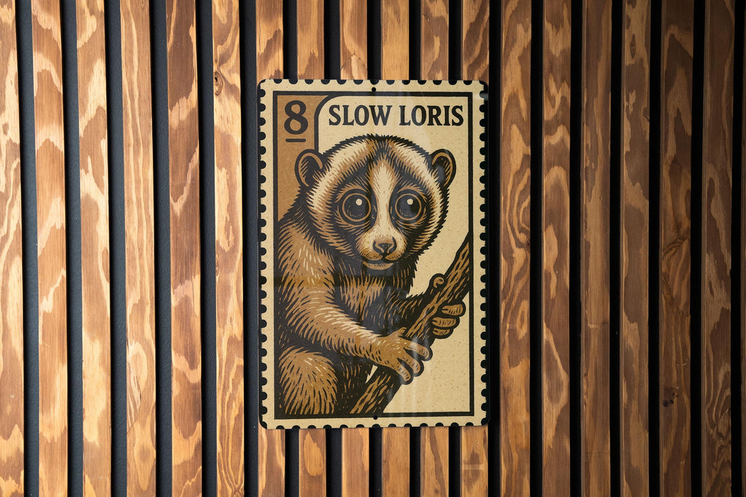 A postage stamp featuring a close-up of a cute, furry animal, likely a koala, is displayed against a wooden background.