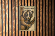 A postage stamp featuring a close-up of a cute, furry animal, likely a koala, is displayed against a wooden background.