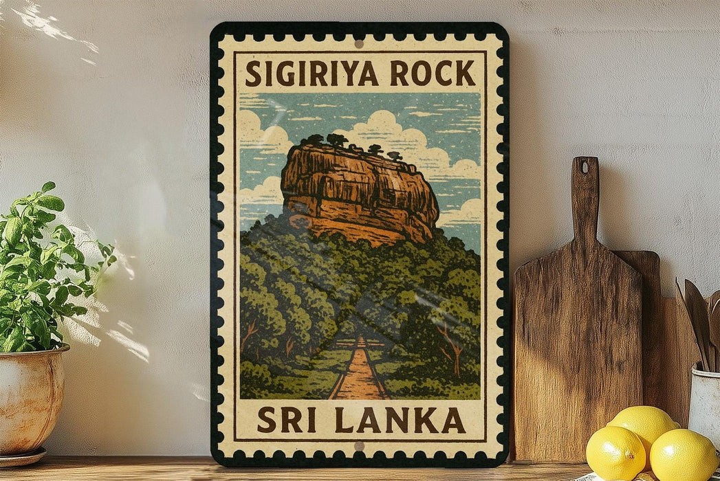 A framed poster of Sigiriya Rock, a famous landmark in Sri Lanka, is displayed on a wall next to a wooden cutting board and some potted plants.
