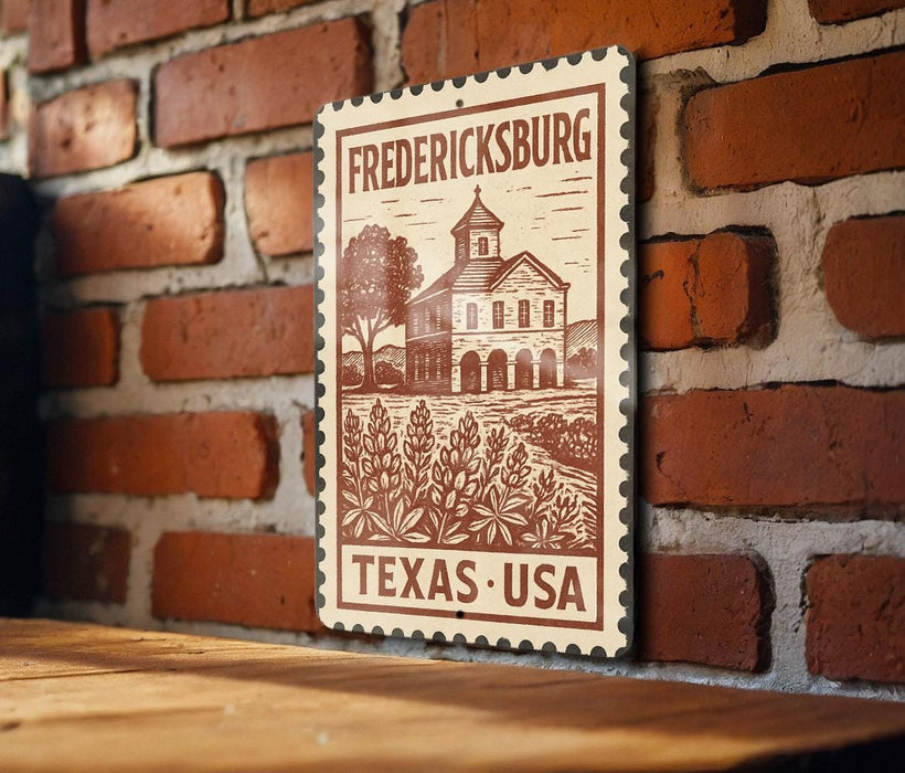 A wooden table with a framed image of a brick wall and a building, which appears to be a stamp or postcard with the text "FREDERICKSBURG TEXAS-USA".