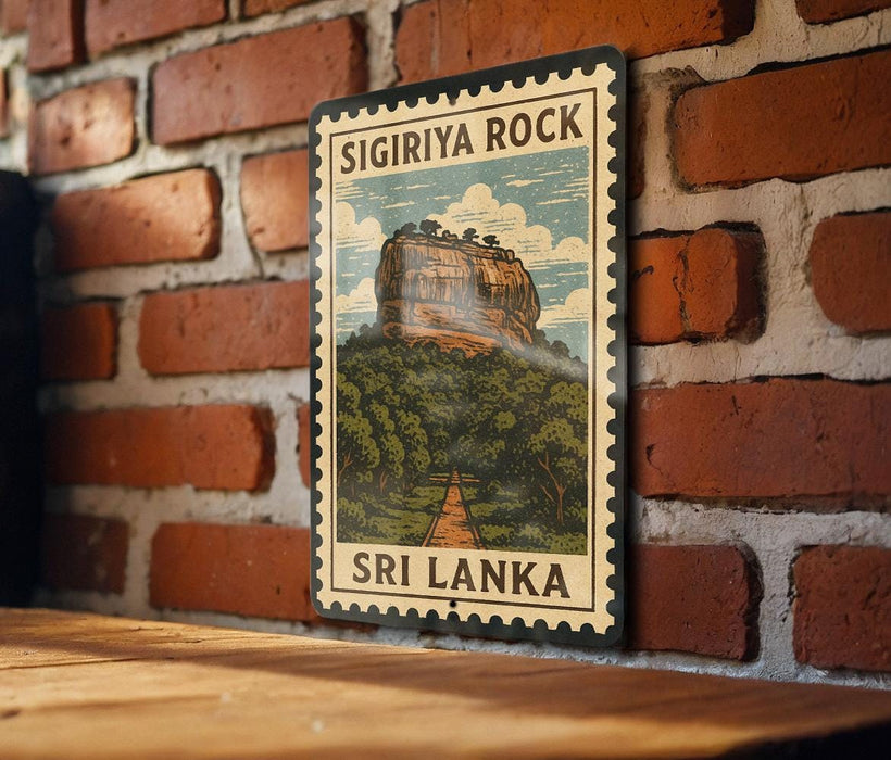 A vintage postage stamp featuring the Sigiriya Rock, a famous landmark in Sri Lanka, is displayed on a brick wall.