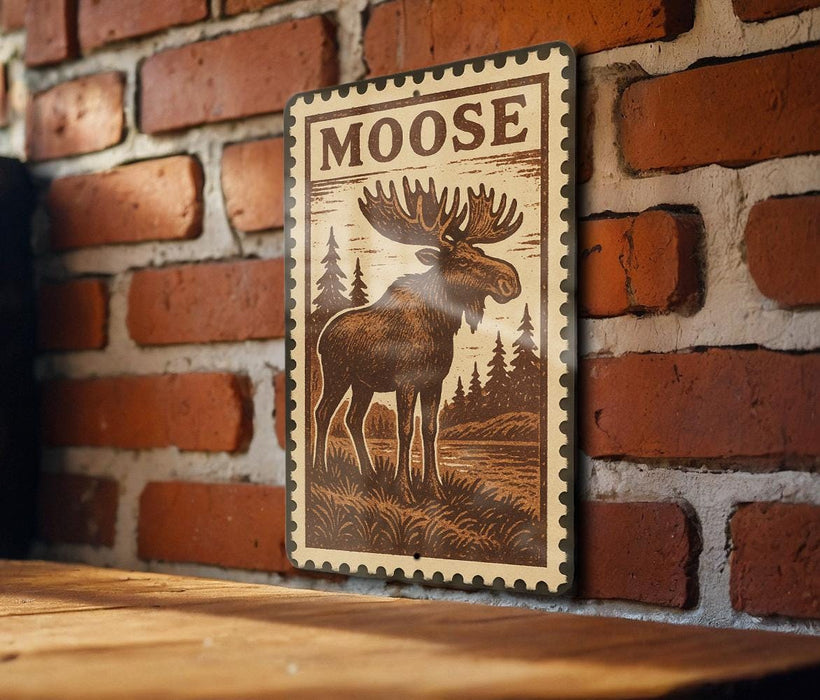 A wooden table with a framed image of a moose on it, mounted on a brick wall.