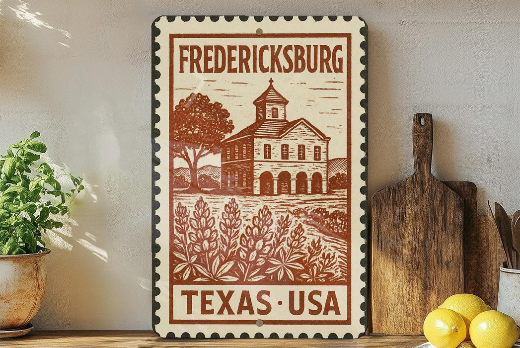 A framed illustration of a building with a tree in the background, depicting a rural scene, is displayed on a wall next to a wooden cutting board and some potted plants.