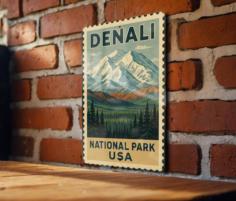 A vintage-style postage stamp featuring a mountain landscape and the text "DENALI NATIONAL PARK USA" is displayed on a brick wall.