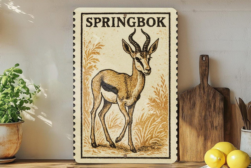 A framed illustration of a gazelle or antelope, with the text "SPRINGBOK" on the top, is displayed on a shelf next to a wooden cutting board and a potted plant.