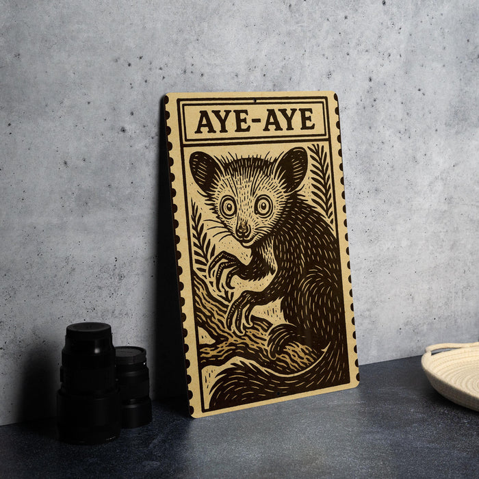 a wooden frame with a black and white illustration of a cat, and the text "AYE-AYE" is written above the illustration.