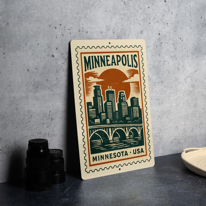 A metal sign with a graphic of a city skyline and a sun, representing Minneapolis, USA.