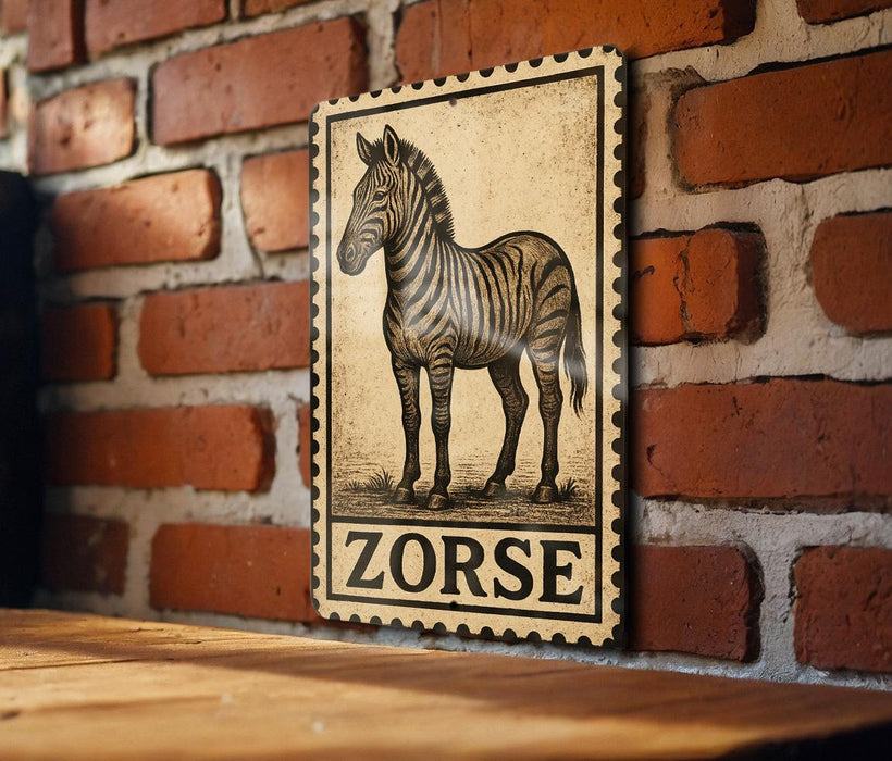 A vintage-style stamp featuring a zebra illustration is displayed on a brick wall.