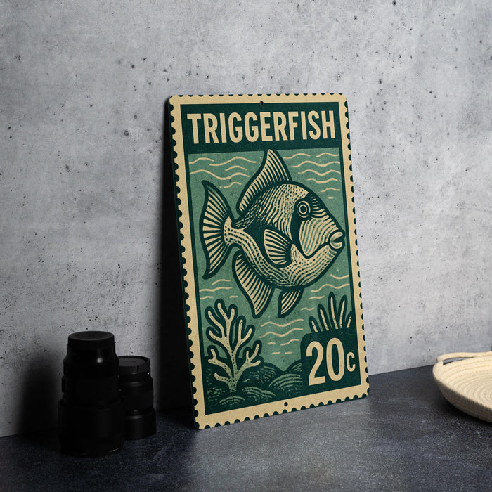 A green and beige postage stamp featuring a fish illustration, placed on a dark surface next to some black objects.