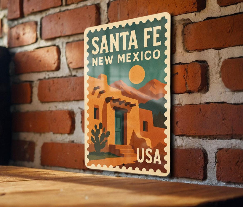 A vintage-style metal sign with the text "SANTA FE NEW MEXICO USA" displayed on a brick wall.
