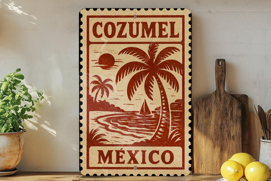 A vintage-style metal sign with the text "COZUMEL MEXICO" printed on it, featuring a palm tree and a sunset, is displayed on a shelf next to a wooden cutting board and a potted plant.