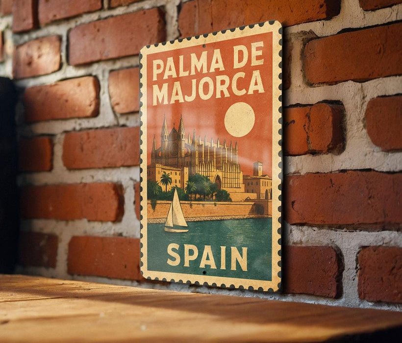 A vintage-style poster of the city of Majorca, Spain, featuring a castle and a sailboat, is displayed on a brick wall.