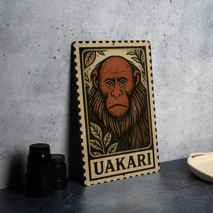 A wooden frame with a printed illustration of a monkey's face, labeled "UAKARI", is displayed on a table next to some black camera lenses.
