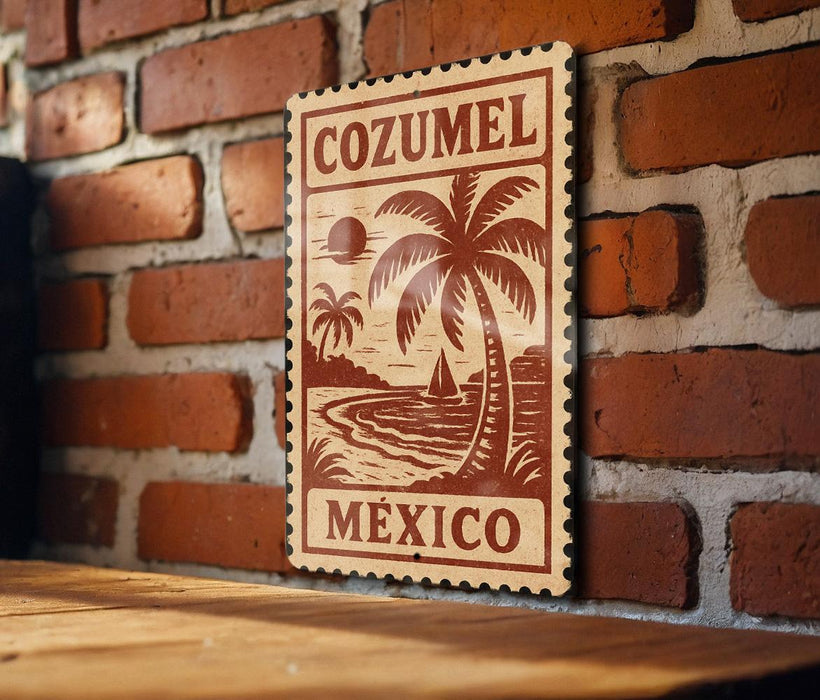 A wooden sign with the text "COZUMEL MEXICO" is displayed on a brick wall, featuring a palm tree and a sailboat illustration.