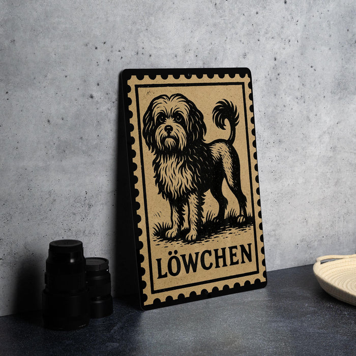 A black and white illustration of a dog, with the word "LÖWCHEN" written below it, is displayed on a wooden frame.
