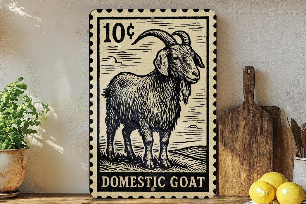a decorative sign depicting a domestic goat, with a price of 10 cents. The sign is placed on a wooden surface, surrounded by various kitchen utensils and a potted plant.