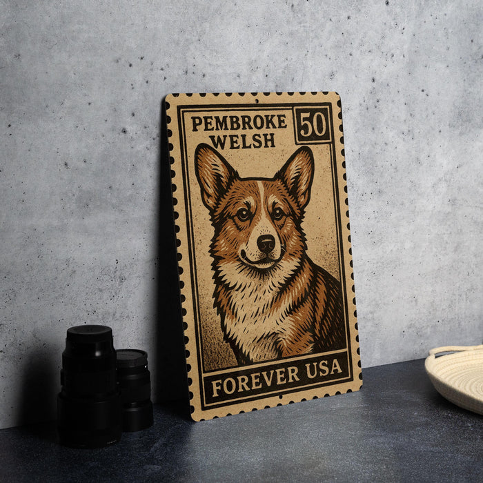 A wooden postcard featuring a Corgi dog, with the text "PEMBROKE WELSH 50" and "FREVER USA" printed on it.