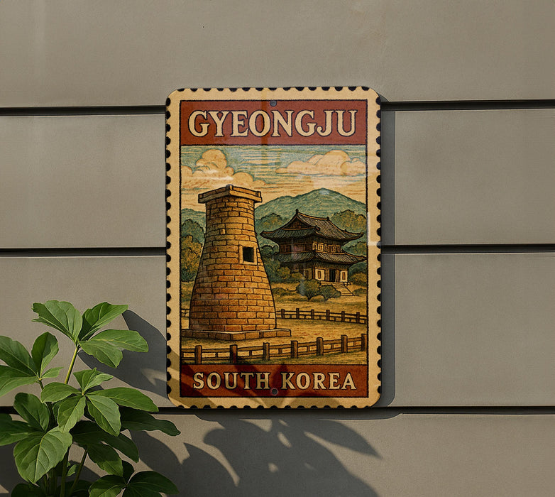A vintage-style sign with a picture of a brick tower and a traditional Korean building, mounted on a wall.