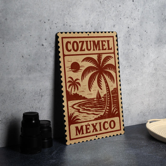 A wooden sign with a tropical palm tree design and the text "COZUMEL MEXICO" is displayed on a gray wall.