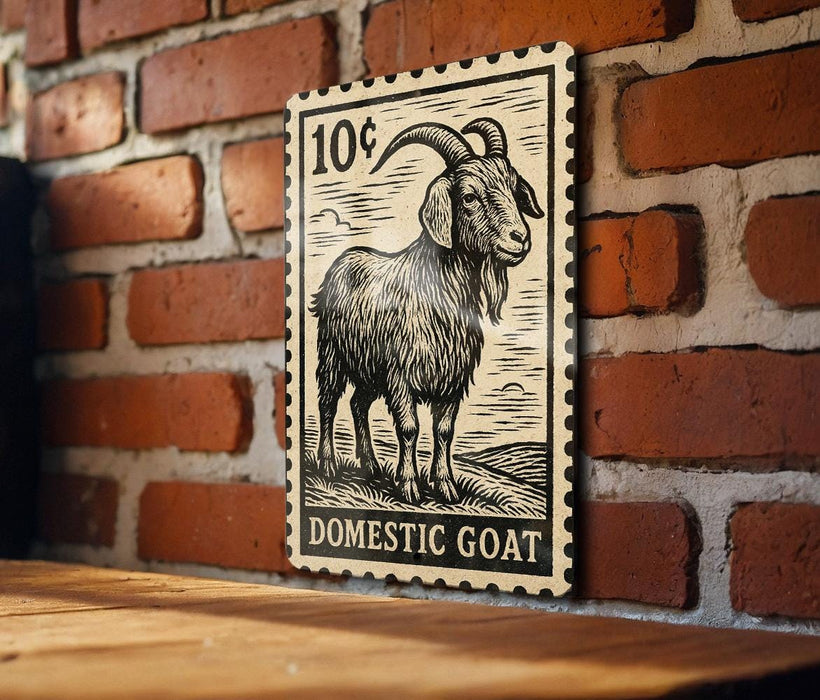 a wooden table with a decorative stamp of a domestic goat on it, mounted on a brick wall.