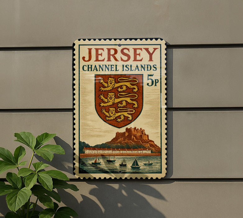 A Jersey Channel Islands postage stamp is displayed on a wall, featuring a shield with a lion and a castle, along with a depiction of boats on the water.